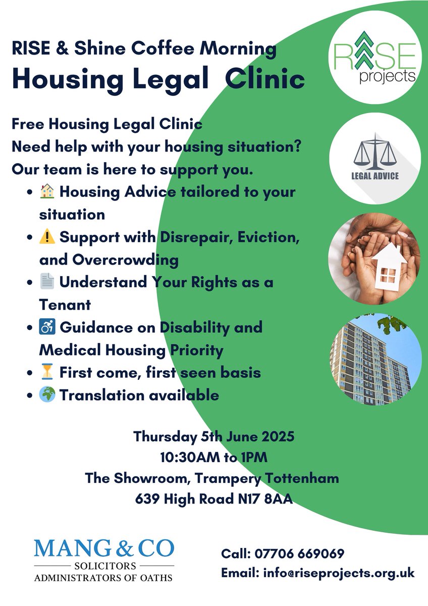 🚨 Facing housing issues? Rent stress? Disrepair? Eviction? Overcrowding? Landlord disputes? 

We’ve teamed up with local firm Mang Solicitors to launch a FREE Housing Legal Clinic with real advice and real support. 1st Thursday of every Month! 
📍Limited slots – DM to book!