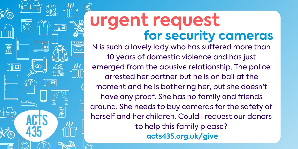 We've just received this urgent request for a family who have recently escaped domestic violence.

Could you support them to feel safe in their home?

acts435.org.uk/R61150