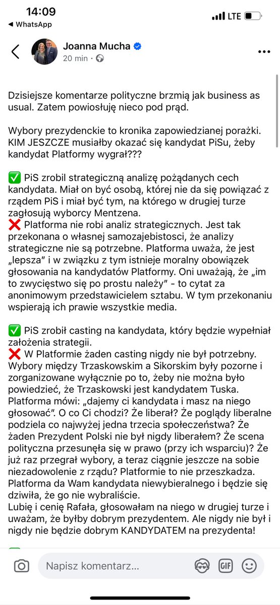 JMiziolek's tweet photo. Wpis Joanny Muchy to doskonała analiza tego co się dzieje od lat w Platformie. „❌Platforma nie robi analiz strategicznych. Jest tak przekonana o własnej samozajebistosci, że analizy strategiczne nie są potrzebne. Platforma uważa, że jest „lepsza” i w związku z tym istnieje moralny obowiązek głosowania na kandydatów Platformy. Oni uważają, że „im to zwycięstwo się po prostu należy” - to cytat za anonimowym przedstawicielem sztabu.”