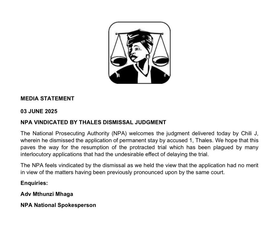 MEDIA STATEMENT: NPA Vindicated by Thales Dismissal Judgment