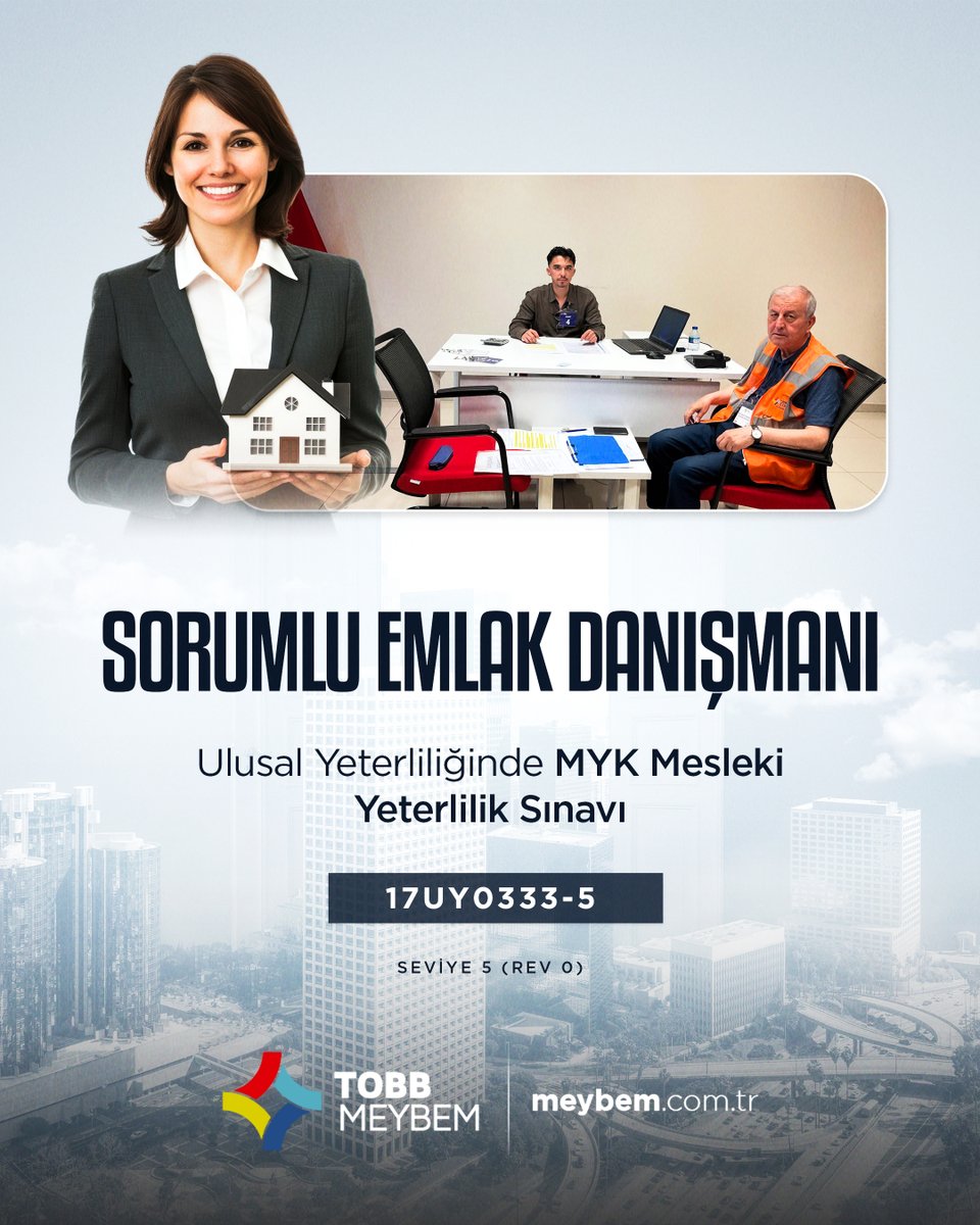 🏢 Sorumlu Emlak Danışmanı MYK Mesleki Yeterlilik Sınavı, Bolu Ticaret ve Sanayi Odası ev sahipliğinde başarıyla gerçekleştirildi!
🎯 Mesleki yeterliliğini belgeleyen tüm katılımcılarımızı tebrik ediyoruz.

📍 Detaylı bilgi için: meybem.com.tr