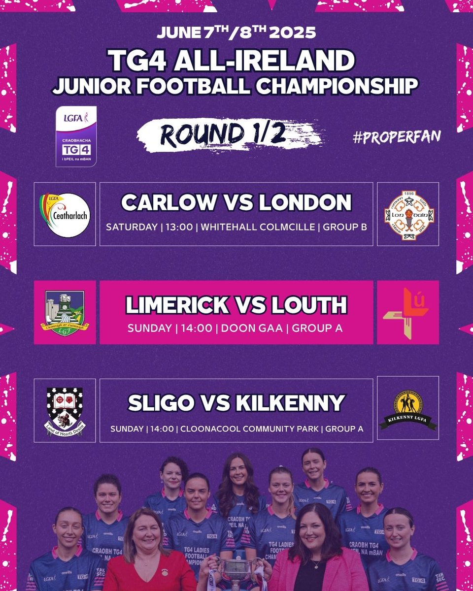 TG4 All-Ireland Junior Championship 
Round 2   Group A
Limerick v Louth
Sunday 8th June @ 2pm
Venue: Doon GAA Pitch
Huge support on the day for the girls would be greatly appreciated 
#ProperFan