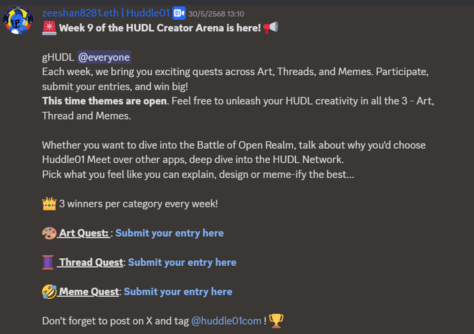haruya.eth.ink 🔥🚀⚡(✸,✸) | ⌘ 🛠️ (@holayau) on Twitter photo กิจกรรมที่ สายล่า Testnet HUDL points - <a href="/huddle01com/">Huddle01 (battle arc ⚔️)</a> ห้ามพลาด!!
กับ Week 9 of the HUDL Creator Arena 😎🤑
โดยจะเป็นกิจกรรมที่ให้เราได้สร้างผลงานซึ่งจะแบ่งเป็น 3 งานครับ คือ Art, Threads, และ Memes ในหัวข้อที่ทาง Huddle กำหนดครับ
มาดูรายละเอียดของ Week 9 กันเล๊ยยย กิจกรรมที่ สายล่า Testnet HUDL points - <a href="/huddle01com/">Huddle01 (battle arc ⚔️)</a> ห้ามพลาด!!
กับ Week 9 of the HUDL Creator Arena 😎🤑
โดยจะเป็นกิจกรรมที่ให้เราได้สร้างผลงานซึ่งจะแบ่งเป็น 3 งานครับ คือ Art, Threads, และ Memes ในหัวข้อที่ทาง Huddle กำหนดครับ
มาดูรายละเอียดของ Week 9 กันเล๊ยยย