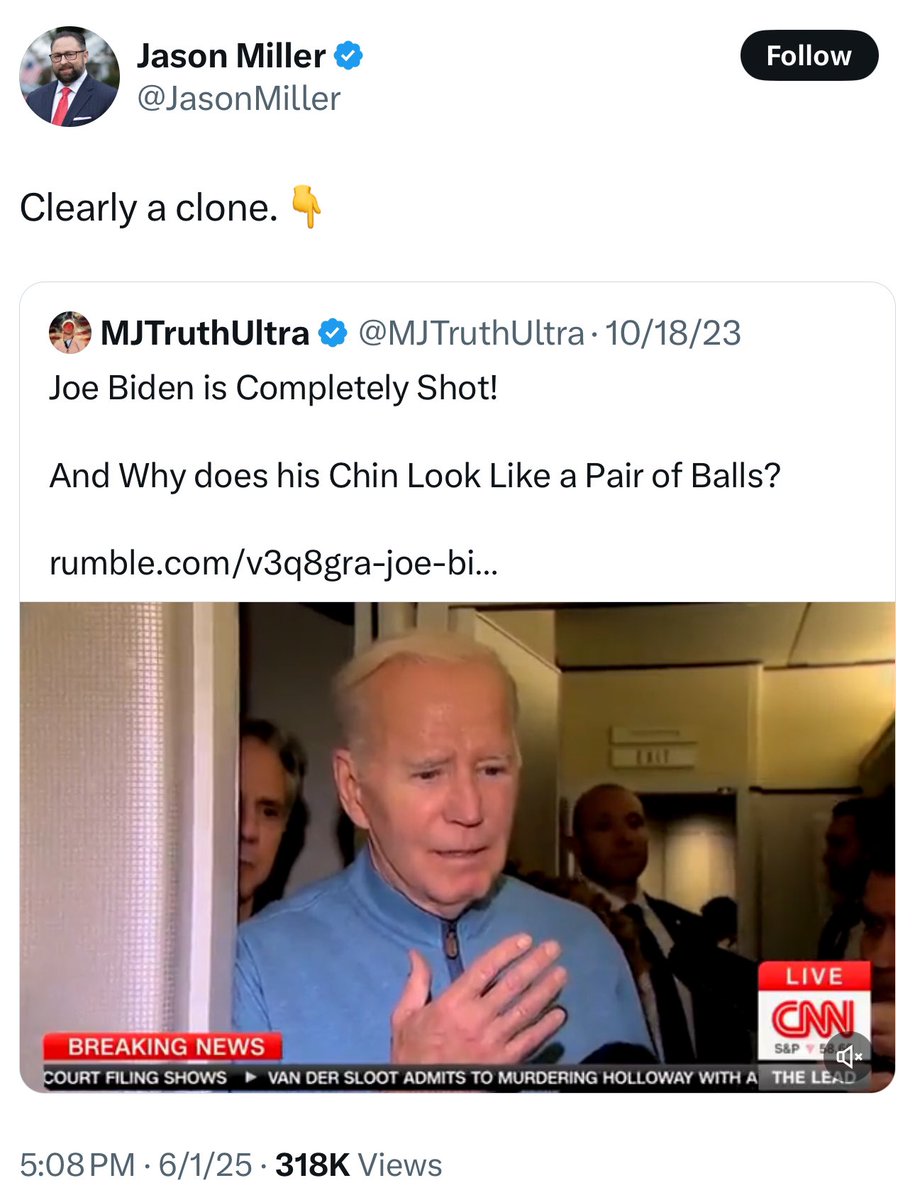 Former Trump advisor Jason Miller pushing the Biden is a clone conspiracy