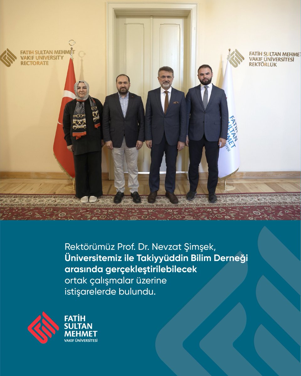 Rektörümüz Prof. Dr. <a href="/NevzatSimsek/">Nevzat Şimşek</a>, Takiyyüddin Bilim Derneği Yönetim Kurulu Başkanı Mustafa Yüksel ve Genel Sekreter Batuhan Baş ile bir araya geldi.
▫️
Görüşmede, Üniversitemiz ile Takiyyüddin Bilim Derneği arasında yürütülebilecek ortak projeler ve iş birliği imkanları ele