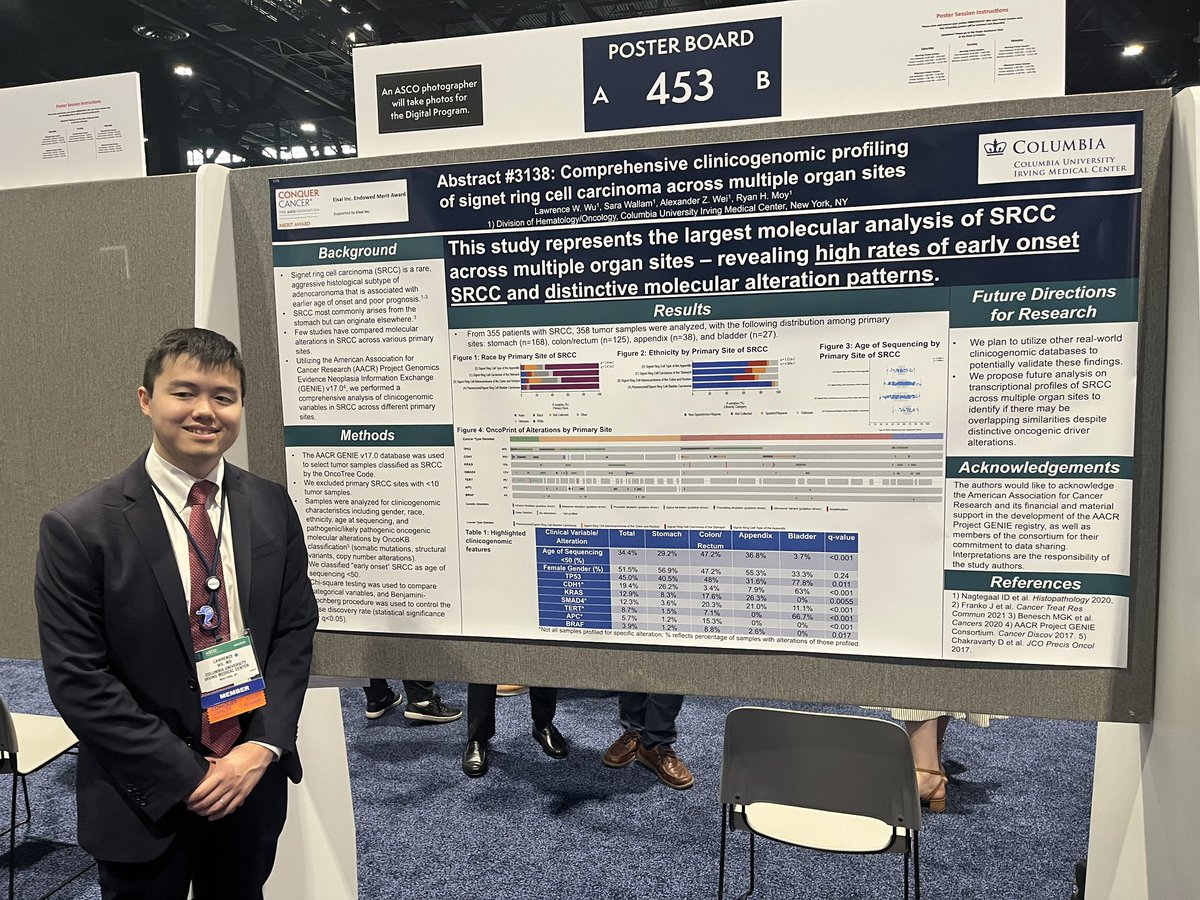 RyanMoyMDPhD's tweet image. Dr. Lawrence Wu presenting our work on clinicogenomic profiling of signet ring carcinoma across organ sites. Awarded both an ASCO Conquer Cancer Foundation Merit Award and CAHON Young Investigator Award! #ASCO25