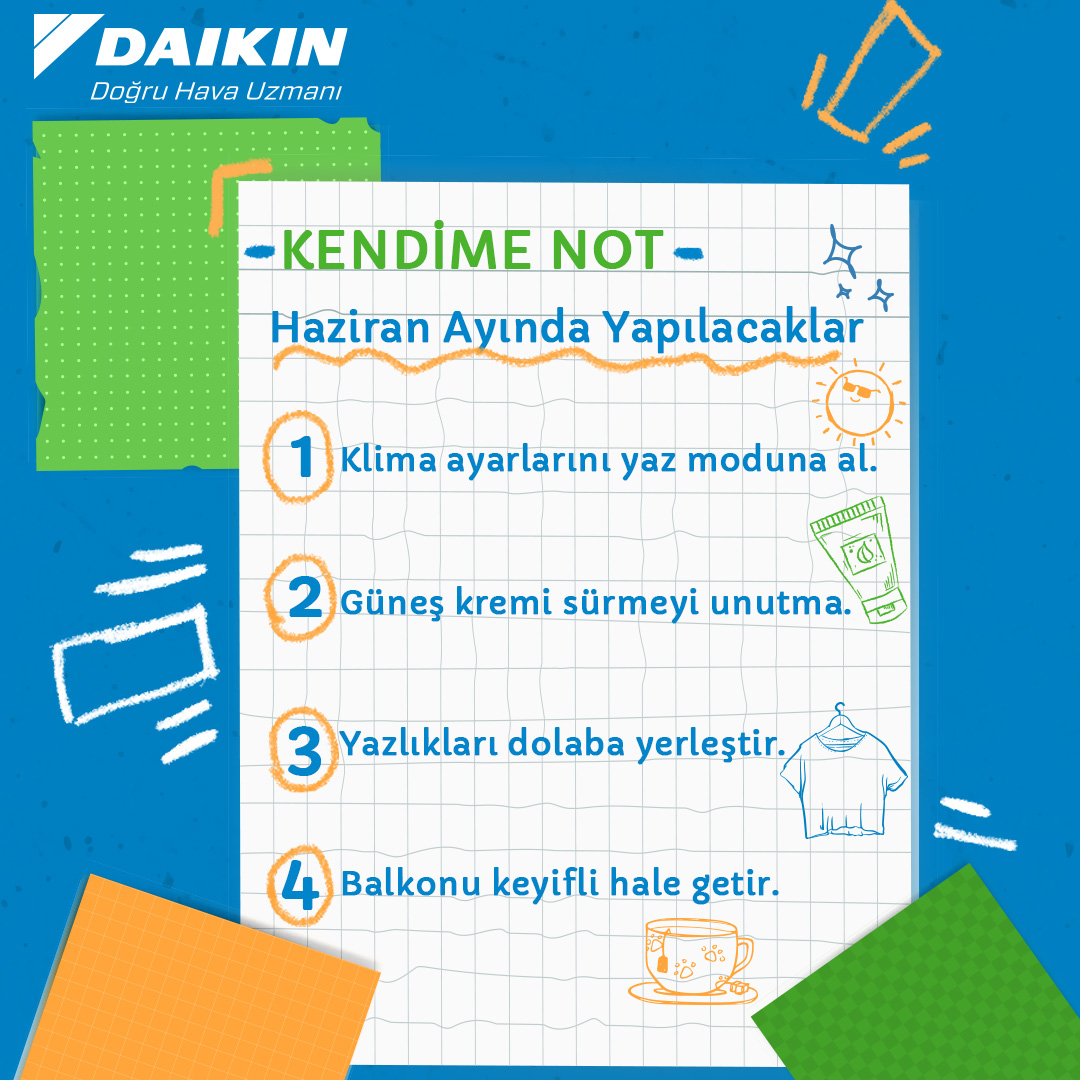 Haziran geldi, klima yaz moduna geçti, güneş kremi de çantada! Artık serin serin takılmak, keyif yapmak kaldı geriye. 😎🌞

#Daikin #DoğruHavaUzmanı #HaziranAyı #yaz #Kendimenot