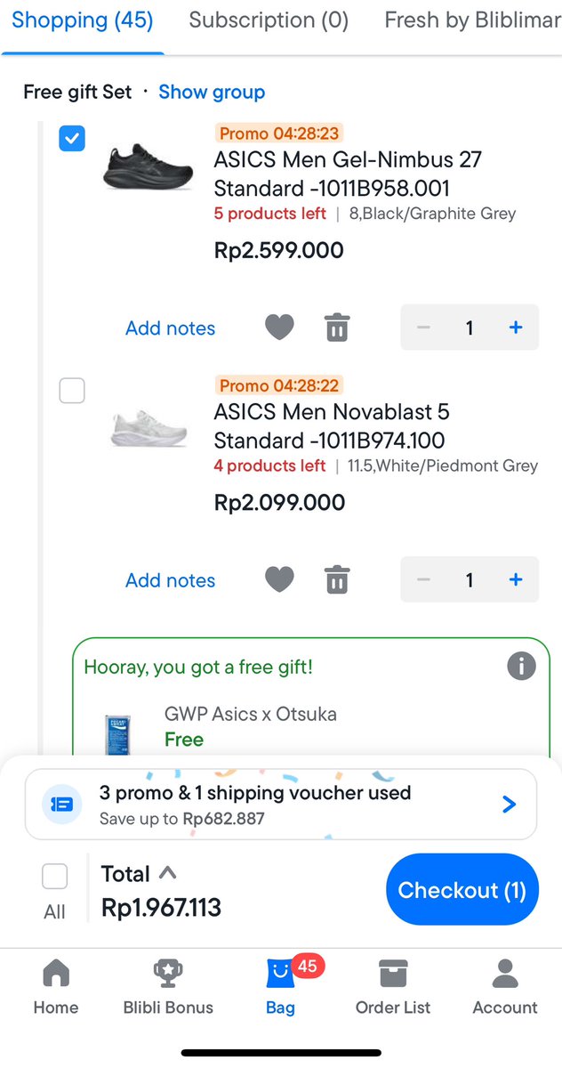 Triple Voucher Asics!
beli Gel Nimbus 27 harga cuma 1,9 juta

Women
All white s.blibli.com/GNtk/2qxjsvs1
All pink s.blibli.com/GNtk/skrc2wpf

Men
Seal Grey s.blibli.com/GNtk/d88wufyd
All white s.blibli.com/GNtk/e4c1myqo
All black s.blibli.com/GNtk/02hmu4ev

*caranya apply voucher spt di gambar