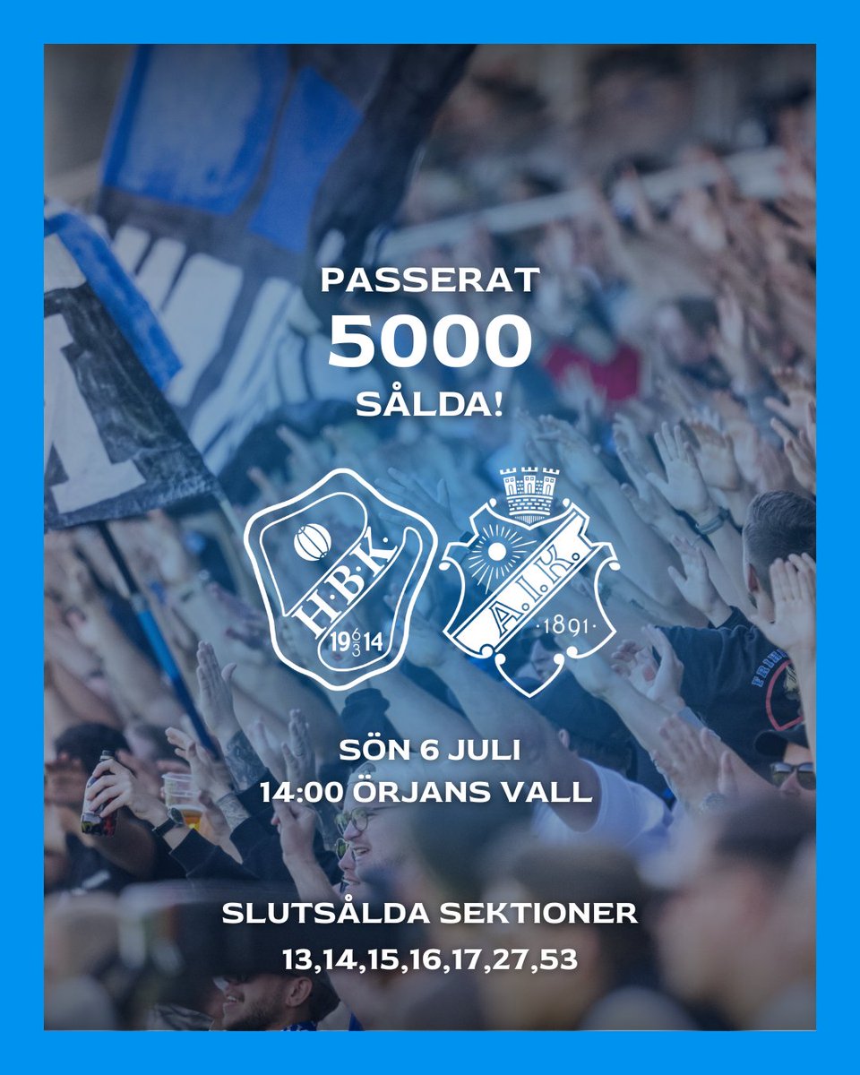 Över 5000 biljetter sålda! 
Söndag 6 juli smäller det på Örjans Vall när HBK tar emot AIK kl. 14:00!
🚨 Sektioner 13, 14, 15, 16, 17, 27 och 53 är redan slutsålda – säkra din plats nu innan det är för sent! 💙

#HBK #AIK #Allsvenskan #ÖrjansVall #Fotbollsfest