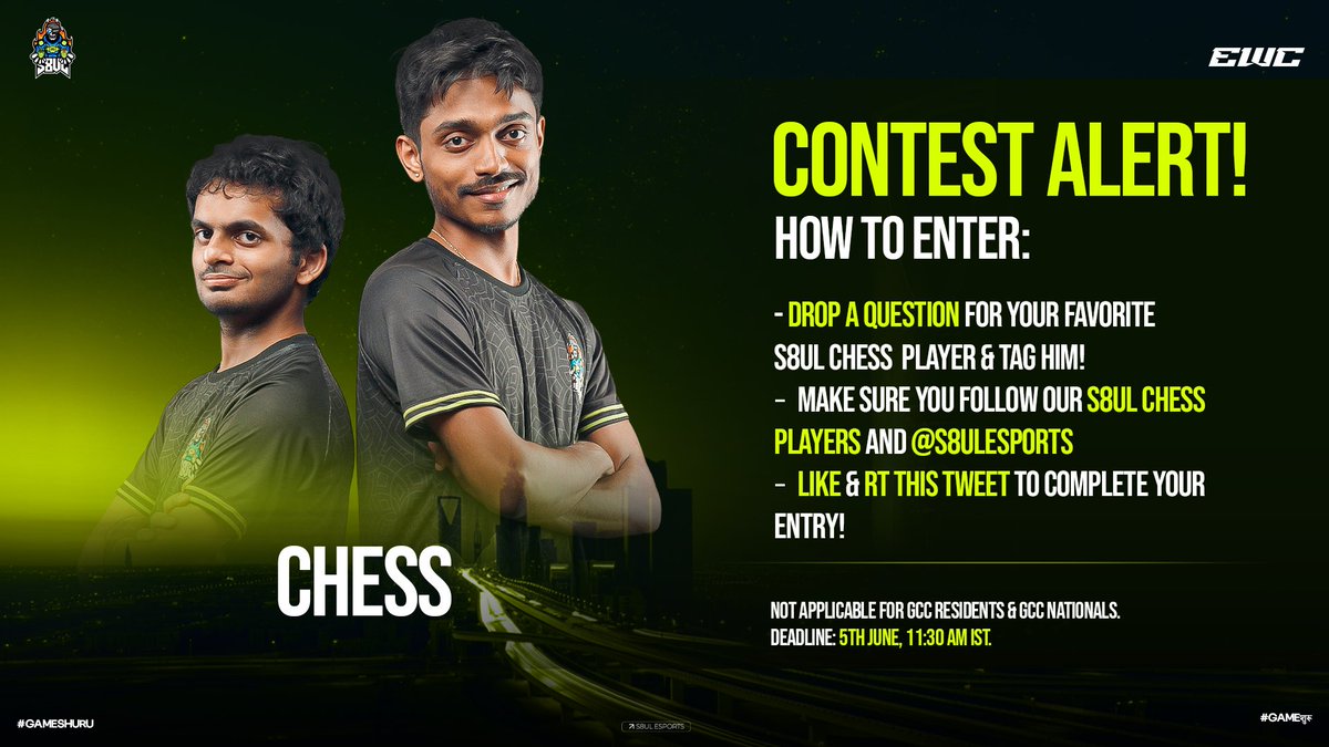 🚨 EWC TRIP CONTEST ALERT – CHESS EDITION 🚨✈️

How to Enter:
1️⃣ Drop a question for your fav S8UL Chess player &amp; tag them
2️⃣ Follow <a href="/pawnof64squares/">Aravindh Chithambaram</a> <a href="/NihalSarin/">Nihal Sarin</a> + <a href="/S8ulesports/">S8UL</a> 
3️⃣ Like &amp; RT this tweet