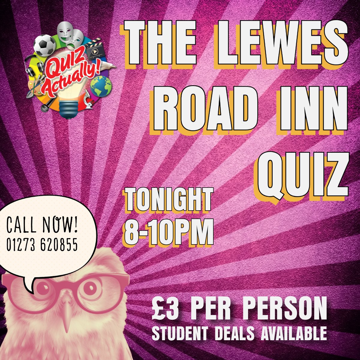 QuizActually's tweet image. Join us for quiz night at Lewes Road Inn!

Put your knowledge to the test at our quiz night! Join us from 8-10pm. Call 01273620855 to reserve your table and bring your A-game! 🧠✨

#QuizActually #LewesRoadInn #Brighton