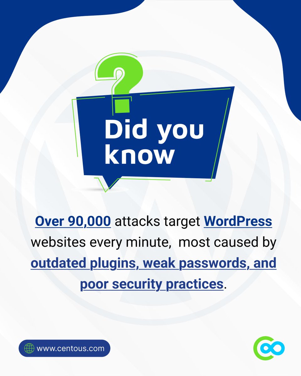 𝐓𝐡𝐢𝐧𝐤 𝐲𝐨𝐮𝐫 𝐖𝐨𝐫𝐝𝐏𝐫𝐞𝐬𝐬 𝐬𝐢𝐭𝐞 𝐢𝐬 𝐬𝐚𝐟𝐞? 𝐓𝐡𝐢𝐧𝐤 𝐚𝐠𝐚𝐢𝐧.
⏱️ Every minute, 90,000+ attacks are happening.
🌐 Visit us at 👉 bit.ly/3Ev8zzT

#WordPressSecurity  #cybersecuritysolutions  #websitepromotion  #OnlineSafetyMatters  #centoussolutions