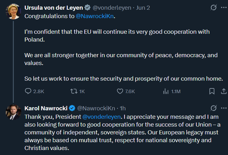 I bet it hurt von der Leyen to write this post &amp; she didn't mean a single word of it.

I highly appreciate and respect President <a href="/NawrockiKn/">Karol Nawrocki</a> stating firmly that the EU is a "community of independent sovereign states" and needs "respect for national sovereignty".

Strong words 🇵🇱