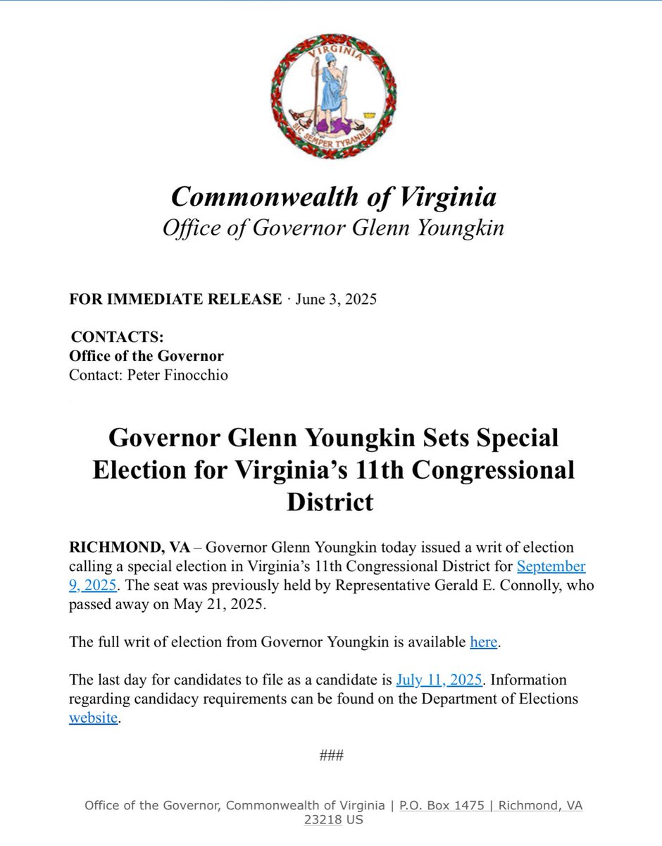 FitzFox5DC's tweet image. #BreakingNews @Fox5DC Virginia Governor Glenn Youngkin says the special election for Virginia’s 11th Congressional District will be September 9, 2025. The seat was held by Rep. Gerry Connolly, who passed away last month.