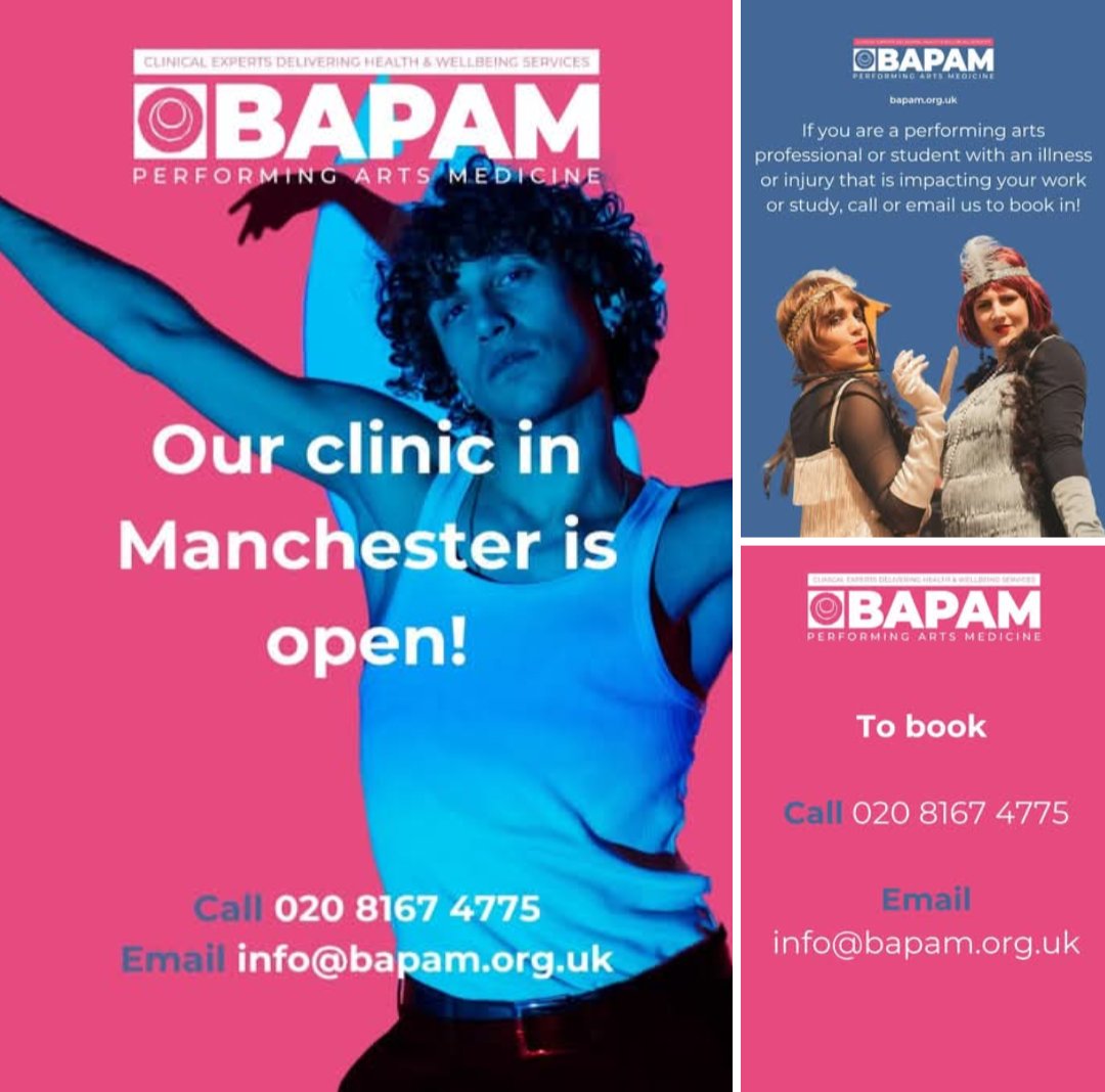 ACPSEMdance (@acpsemdance) on Twitter photo 📢 <a href="/ukbapam/">BAPAM: Performing Arts Medicine</a> also have a recently opened clinic in Manchester, supporting performing arts professionals with injury or illness impacting their ability to perform or study
🤳🏼 0208167 4775
🖥️ info@bapam.org.uk
Online or in person appointments available
bapam.org.uk 📢 <a href="/ukbapam/">BAPAM: Performing Arts Medicine</a> also have a recently opened clinic in Manchester, supporting performing arts professionals with injury or illness impacting their ability to perform or study
🤳🏼 0208167 4775
🖥️ info@bapam.org.uk
Online or in person appointments available
bapam.org.uk