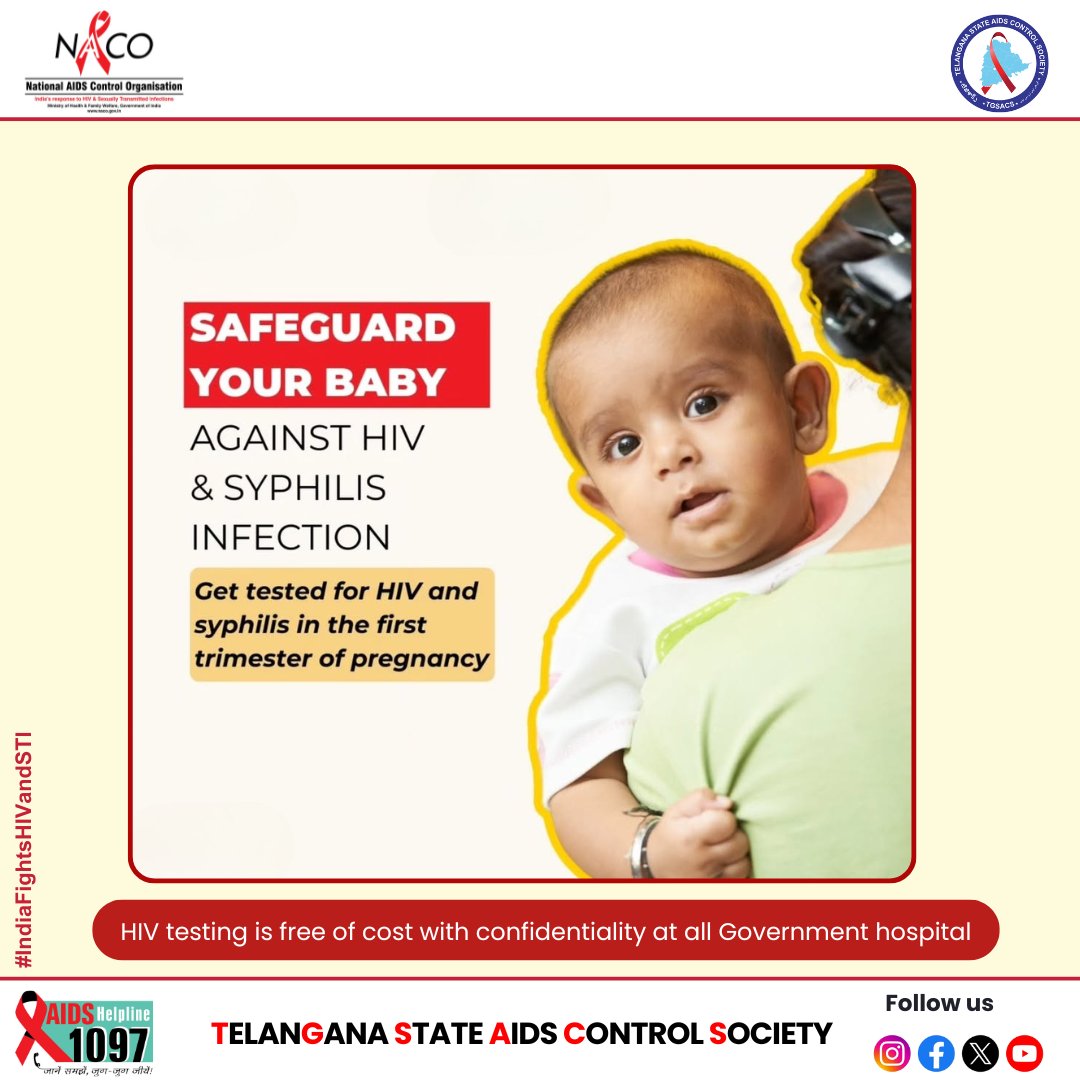 TGSACS1's tweet image. Testing for HIV and Syphilis in your first trimester is essential—for your health and your baby’s future.
#HealthyPregnancy #EarlyTesting #HIVAwareness #SyphilisTesting #ProtectYourBaby #FirstTrimesterCare #MaternalHealth #SafeMotherhood #IndiaFightsHIVandSTI #KnowYourStatus