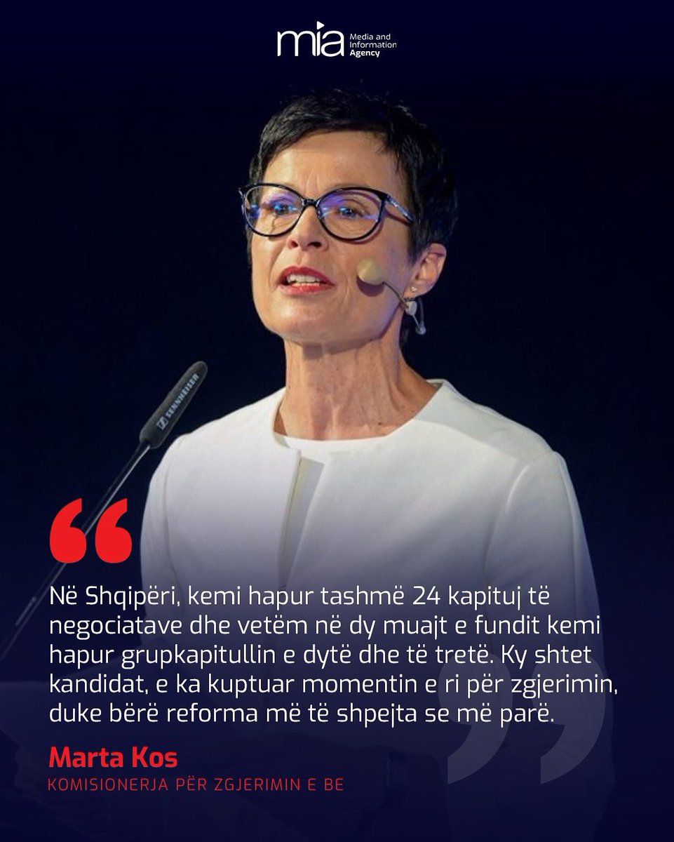 Komisionerja për Zgjerim në BE, Marta Kos, duke marrë si shembull Shqipërinë, deklaroi në Komisionin e Jashtëm të Parlamentit Evropian, se anëtarësimi në familjen europiane brenda 2029-ës është mundësi reale.🇦🇱🤝🇪🇺