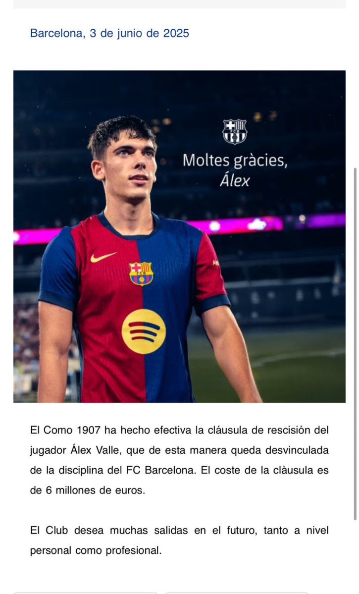 El Como ha hecho oficial el pago de los 6 millones de cláusula de Álex Valle

El canterano culé se desvincula así del Barça y formará parte del conjunto italiano