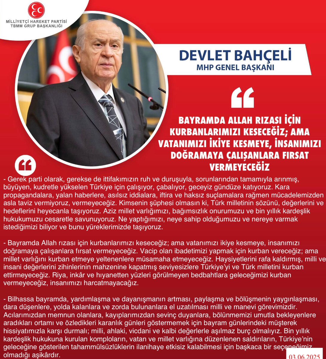 MEHMET FENDOĞLU 🇹🇷 (@mehmetfendogluu) on Twitter photo Genel Başkanımız Sayın Devlet BAHÇELİ <a href="/dbdevletbahceli/">Devlet Bahçeli</a>: Bayramda Allah rızası için kurbanlarımızı keseceğiz; ama vatanımızı ikiye kesmeye, insanımızı doğramaya çalışanlara fırsat vermeyeceğiz Genel Başkanımız Sayın Devlet BAHÇELİ <a href="/dbdevletbahceli/">Devlet Bahçeli</a>: Bayramda Allah rızası için kurbanlarımızı keseceğiz; ama vatanımızı ikiye kesmeye, insanımızı doğramaya çalışanlara fırsat vermeyeceğiz