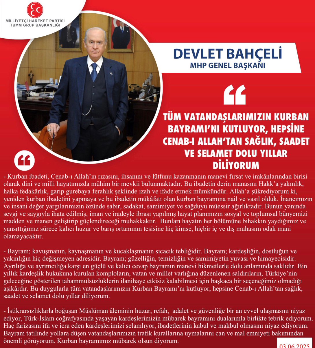 MEHMET FENDOĞLU 🇹🇷 (@mehmetfendogluu) on Twitter photo Genel Başkanımız Sayın Devlet BAHÇELİ <a href="/dbdevletbahceli/">Devlet Bahçeli</a>: Tüm vatandaşlarımızın Kurban Bayramı’nı kutluyor, hepsine Cenab-ı Allah’tan sağlık, saadet ve selamet dolu yıllar diliyorum Genel Başkanımız Sayın Devlet BAHÇELİ <a href="/dbdevletbahceli/">Devlet Bahçeli</a>: Tüm vatandaşlarımızın Kurban Bayramı’nı kutluyor, hepsine Cenab-ı Allah’tan sağlık, saadet ve selamet dolu yıllar diliyorum