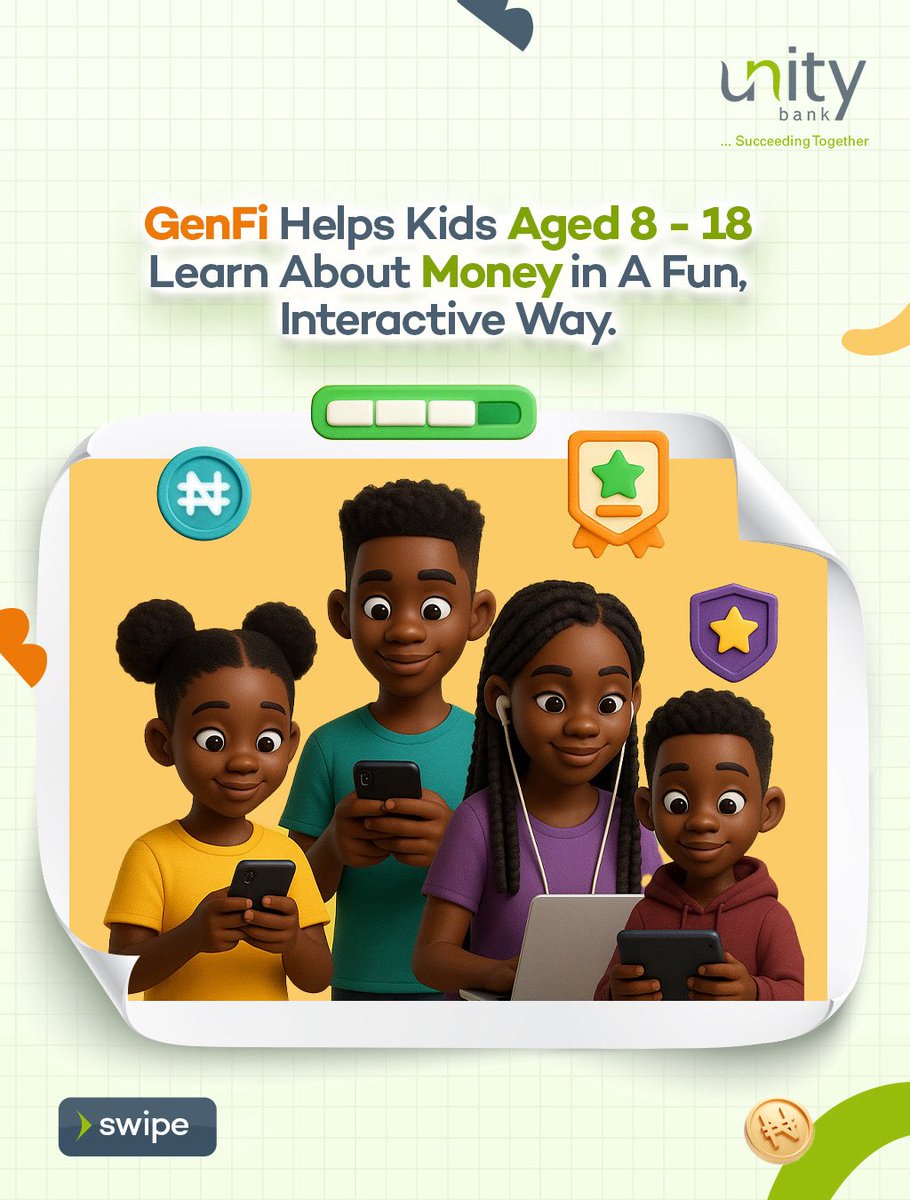 UnityBankPlc's tweet photo. Financial literacy starts early. 

Give your kids the tools to understand money the fun way with GenFi. 

Ready to raise money-smart kids? 
Download GenFi today.

#SucceedingTogether #Genfi https://t.co/RydTXhXxmK