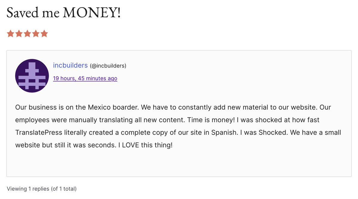 adispiac's tweet image. Our support team constantly shares reviews in our internal Slack channel. We found they are great for team morale or offer useful feedback on what can be improved. This one is from today showcasing the power of @TranslatePress AI: