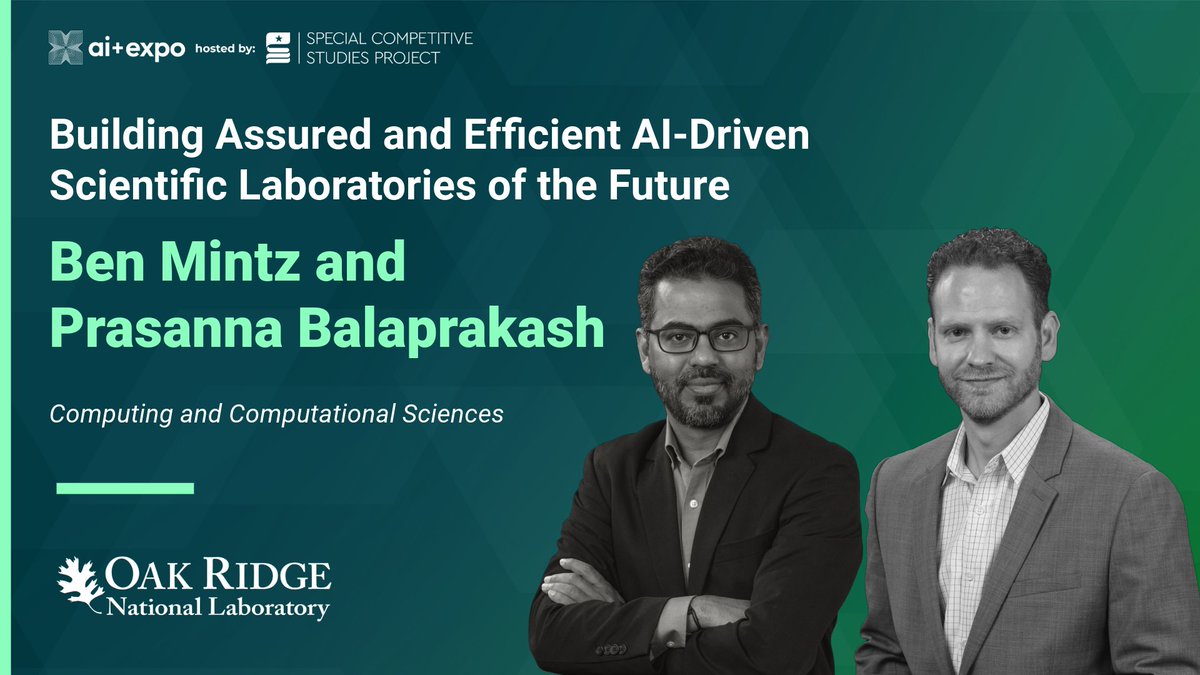 ORNL Computing & Computational Sciences (@ornlcomputing) on Twitter photo 📣 Day 2 of #SCSPAIExpo25 is kicking off!
Join <a href="/ORNL/">Oak Ridge Lab</a>'s Ben Mintz and Prasanna Balaprakash for a talk on how the #AI and INTERSECT initiatives are shaping the future of scientific research.✨
📅 June 3
🕒 11:45 a.m.
🌐 <a href="/scsp_ai/">Special Competitive Studies Project</a> AI + Expo
💫 ➡️ expo.scsp.ai 📣 Day 2 of #SCSPAIExpo25 is kicking off!
Join <a href="/ORNL/">Oak Ridge Lab</a>'s Ben Mintz and Prasanna Balaprakash for a talk on how the #AI and INTERSECT initiatives are shaping the future of scientific research.✨
📅 June 3
🕒 11:45 a.m.
🌐 <a href="/scsp_ai/">Special Competitive Studies Project</a> AI + Expo
💫 ➡️ expo.scsp.ai
