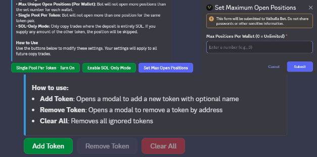 Our Valhalla bot just got some upgrades 😋🚀
@Meteora_AG dlmm copy trading made safer than ever! 📈

3 new dope features added 👇:
- blacklist/ignore specific tokens
- set max open positions per wallet
- enable sol-only deposits mode
