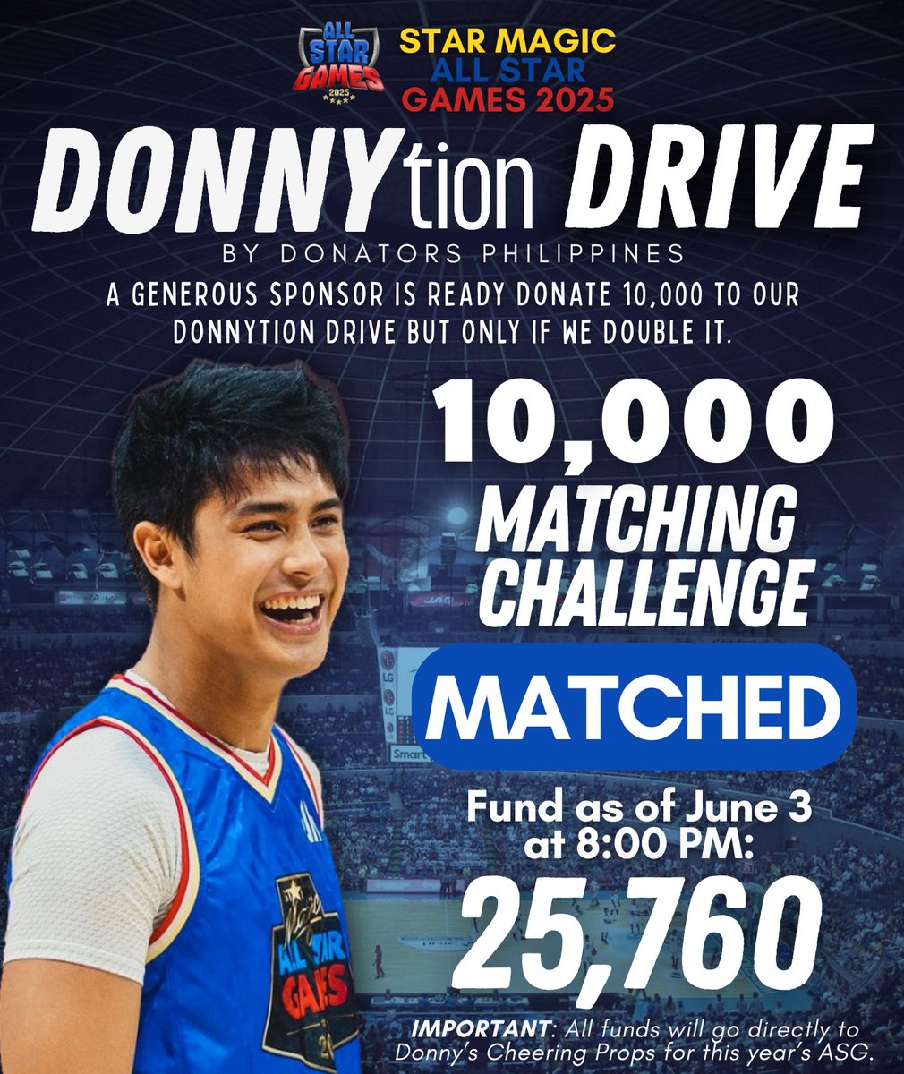 DONNYtion Drive: 10,000 Matching Challenge Update 💙

Hey, Team Donny! It is with great joy that we announce our ₱10,000 Matching Challenge has been MATCHED.

Huge thanks to our generous sponsors who happily fulfilled their ₱10,000 pledge — all because YOU helped us hit the
