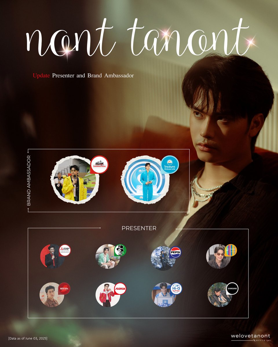 อัปเดต…!!!!! BRAND/สินค้า ที่ <a href="/tanont916/">NONT TANONT</a> เป็น Brand Ambassador จำนวน 2 รายการ และ Presenter อีก 8 รายการ รวมทั้งหมด 10 รายการ จาก 11 รายการ (สิ้นสุดสัญญาแล้ว 1 รายการ)

1. เครื่องดื่ม PEPSI Electric 
2. ตู้เย็นและเครื่องปรับอากาศ Mitsubishi Electric 
3. ยาสีฟัน Darlie 
4. ลูกอม