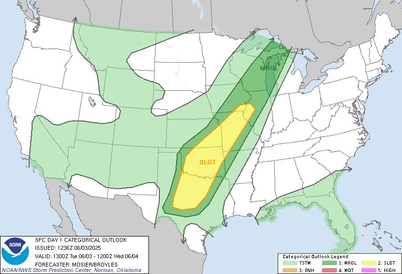 NWSSPC's tweet photo. 7:38am CDT #SPC Day1 Outlook Slight Risk: from portions of the central and southern Plains into the Midwest https://t.co/TgJgC6cj9Y https://t.co/VDOS7OcVJT