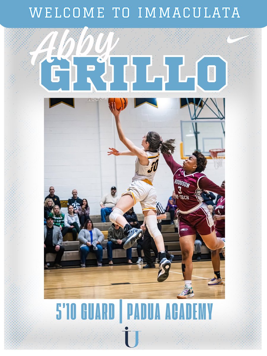 𝐖𝐄𝐋𝐂𝐎𝐌𝐄, 𝐂𝐋𝐀𝐒𝐒 𝐎𝐅 𝟐𝟎𝟐𝟗!

𝐀𝐛𝐛𝐲 𝐆𝐫𝐢𝐥𝐥𝐨: 5’10 Guard
   𝐇𝐨𝐦𝐞𝐭𝐨𝐰𝐧: Wilmington, DE
   𝐇𝐒/𝐀𝐀𝐔: Padua Academy/ Comets
   𝐂𝐥𝐚𝐬𝐬: First Year
   𝐌𝐚𝐣𝐨𝐫: Nursing

Another strong addition to our program here at Immaculata! Let’s go Abby 💙🏀