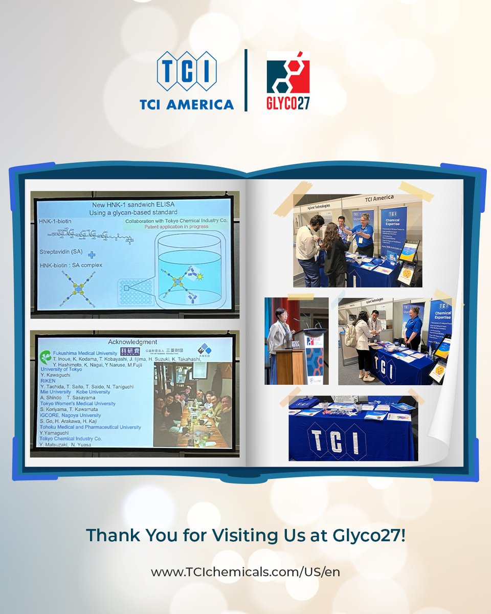 A heartfelt thank you to everyone who visited our booth.
Glyco27 was a special moment for all of us at TCI!

Our sincere thanks to Dr. Shinobu Kitazume for acknowledging TCI Chemicals and recognizing the contributions of Dr. Matsuzaki and Dr. Yuasa in her talk.