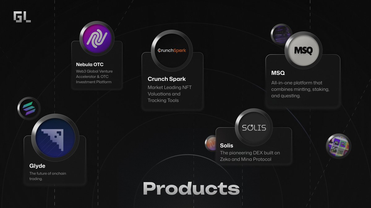 These aren’t just ideas, they’re live products.

• Nebula OTC – OTC investment platform with <a href="/Nebula_Agency_/">Nebula</a> 
• Crunch Spark – NFT valuation &amp; analytics made simple
• MSQ – Minting, staking, and questing; all in one over at <a href="/msqdotgg/">MSQ</a> 
• Glyde – The future of onchain trading