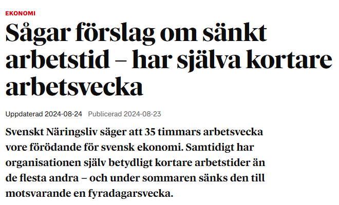 Påminnelse:
Från och med denna veckan och fram till september går anställda på Svenskt Näringsliv ner till 32,5 timmars arbetsvecka.
