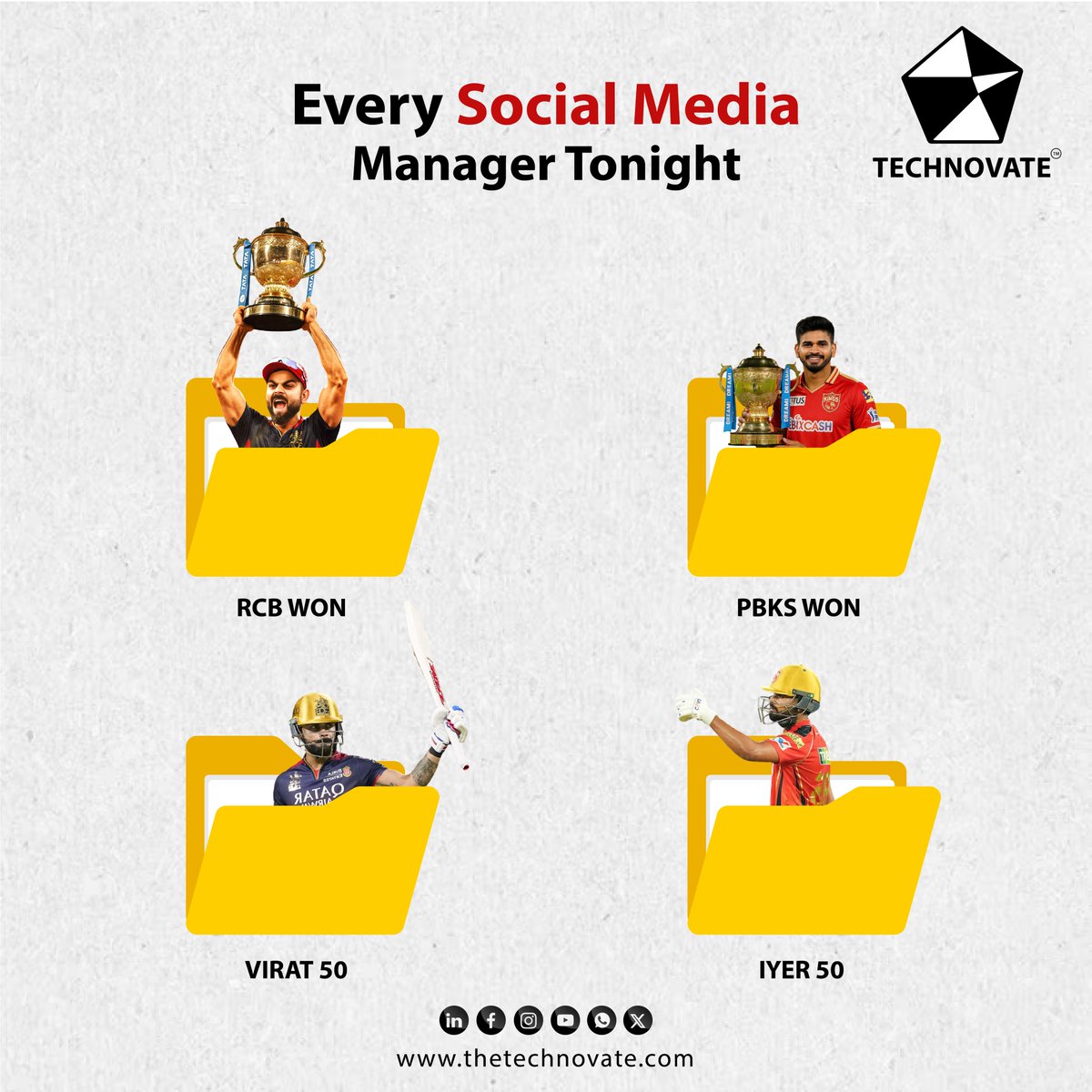 TTechnovate's tweet photo. One match, four posts. Welcome to the social media battlefield.๐
At Technovate, we donโt just watch the game โ we prep for every outcome.๐
#Technovate #DigitalMarketing #SocialMediaManagerLife #IPL2025 #RCB #PBKS https://t.co/m7I9E6FLnI