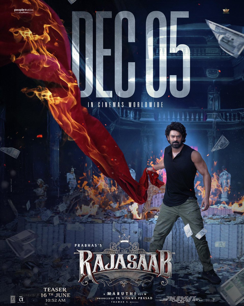 BollySpice's tweet image. Rebel Star is back with a banger entertainer! 💥 Prabhas&apos; #TheRajaSaab to hit the theatres on 5th December 2025.  👑Teaser arrives on 16th June 👻

#Prabhas #TheRajaSaab #Maruthi #MalvikaMohan #NidhiAgerwal #VishwaPrasad #Thaman