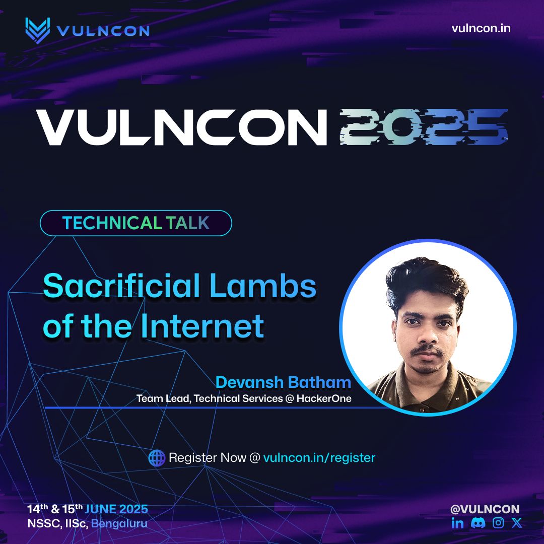VULNCON (@vulncon) on Twitter photo 🚨 Speaker Reveal! 🚨
We’re thrilled to announce that Devansh Batham (<a href="/0xAsm0d3us/">Devansh (⚡, 🥷)</a>), Team Lead, Technical Services @ HackerOne, will be taking the stage at VULNCON 2025! 🎤💥
Over the years, Devansh has identified complex systemic vulnerabilities and engineered practical, 🚨 Speaker Reveal! 🚨
We’re thrilled to announce that Devansh Batham (<a href="/0xAsm0d3us/">Devansh (⚡, 🥷)</a>), Team Lead, Technical Services @ HackerOne, will be taking the stage at VULNCON 2025! 🎤💥
Over the years, Devansh has identified complex systemic vulnerabilities and engineered practical,
