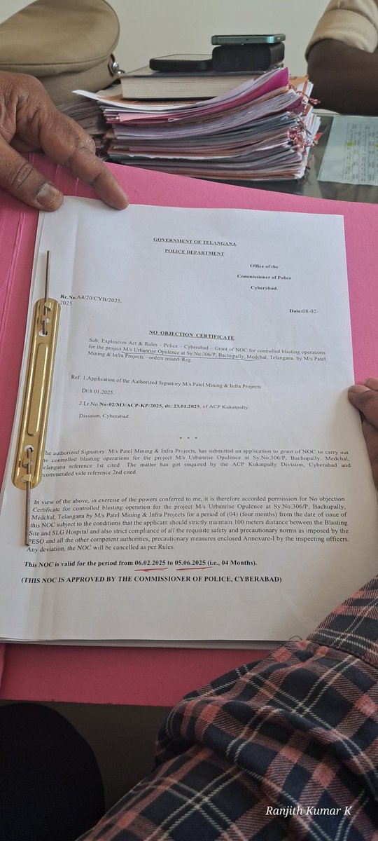 Prime Gardenia due to the intensity of the vibrations and noise, Their boundary walls, Solar systems are also damaged. 

So kindly visit the area and verify the situatation. Please do not grant any further approvals (renewals 05.06.25) for blasting activities.