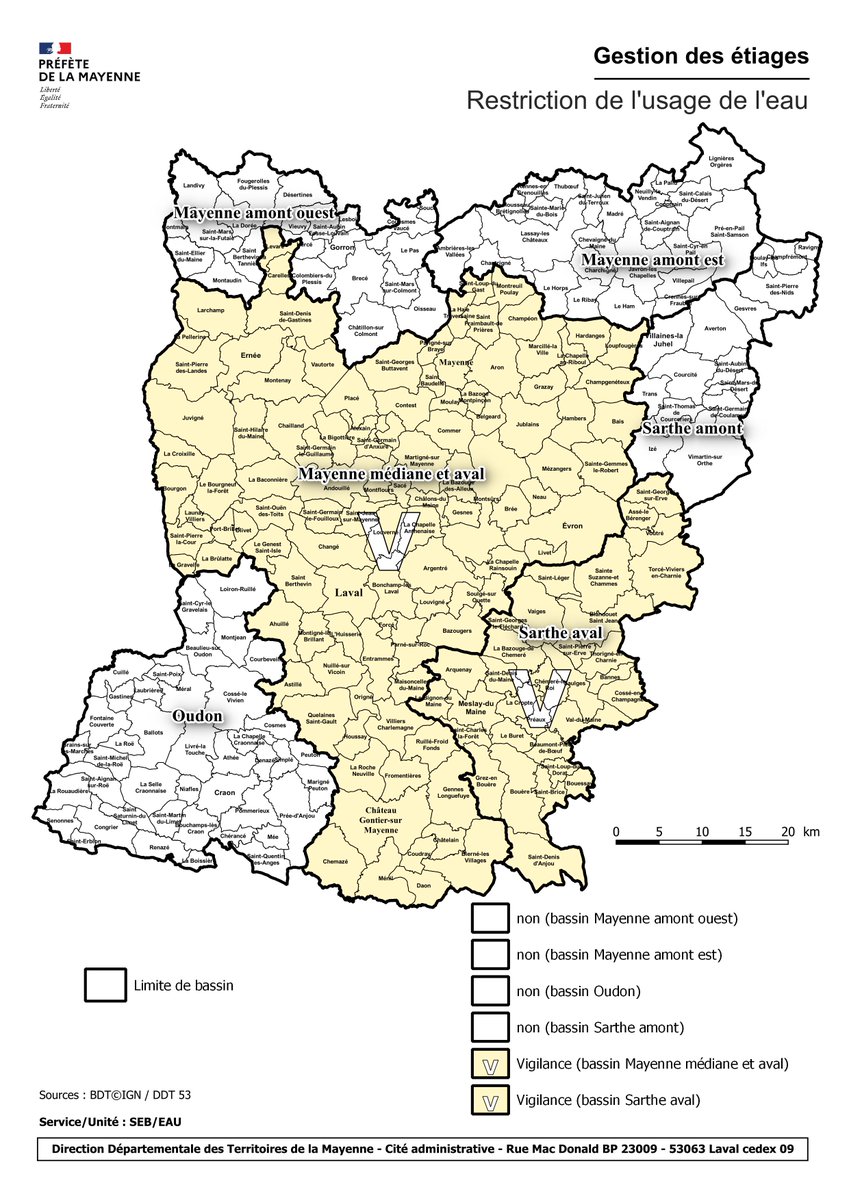 #Sécheresse Évolution des seuils des bassins 💧 en #Mayenne
➡️ Passage du territoire hydrographique de la Mayenne médiane et aval en vigilance
➡️ Passage du territoire hydrographique de la Sarthe aval en vigilance
➡️ Restons vigilants sur les usages de l’eau
➕+ d’infos  ⤵️