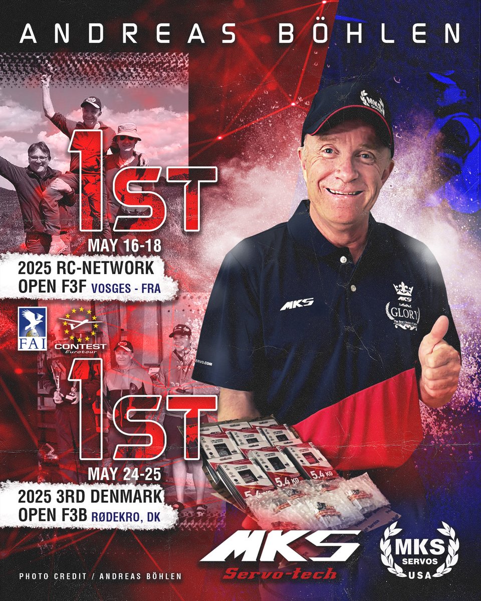 Congrats MKS Servo Tech team pilot-🇨🇭Andreas Böhlen double won🥇🥇for 🏁🇫🇷2025 RC-Network Open F3F🇫🇷 🏁&amp;🏁🇩🇰 Denmark Open F3B🇩🇰🏁 last month!!!

#MKSservos #MKSservo #MKS #FAI #Eurotour #CONTEST #F3F #F3B #HBL6625 #HV6120H