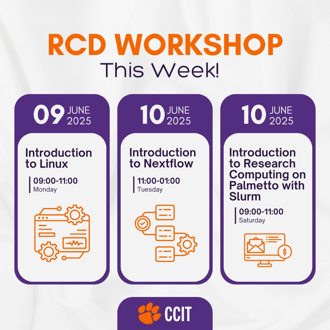 RCD Workshops are kicking off next week! Ready to level up your skills? Join us for these intro workshops. Don't miss the chance to build valuable skills in computing and workflows! Register Online! 💻🐅 #ClemsonCCIT #ResearchComputing