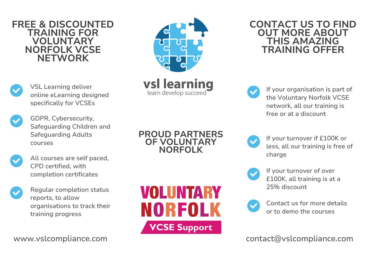 vsl learning (@vsl_learning) on Twitter photo We are proud to be partnered with Voluntary Norfolk and to provide our paid for training to their VCSE network for free or at a significant discount.
Contact us to find out more about this amazing offer!
<a href="/vol_norfolk/">Voluntary Norfolk</a> We are proud to be partnered with Voluntary Norfolk and to provide our paid for training to their VCSE network for free or at a significant discount.
Contact us to find out more about this amazing offer!
<a href="/vol_norfolk/">Voluntary Norfolk</a>