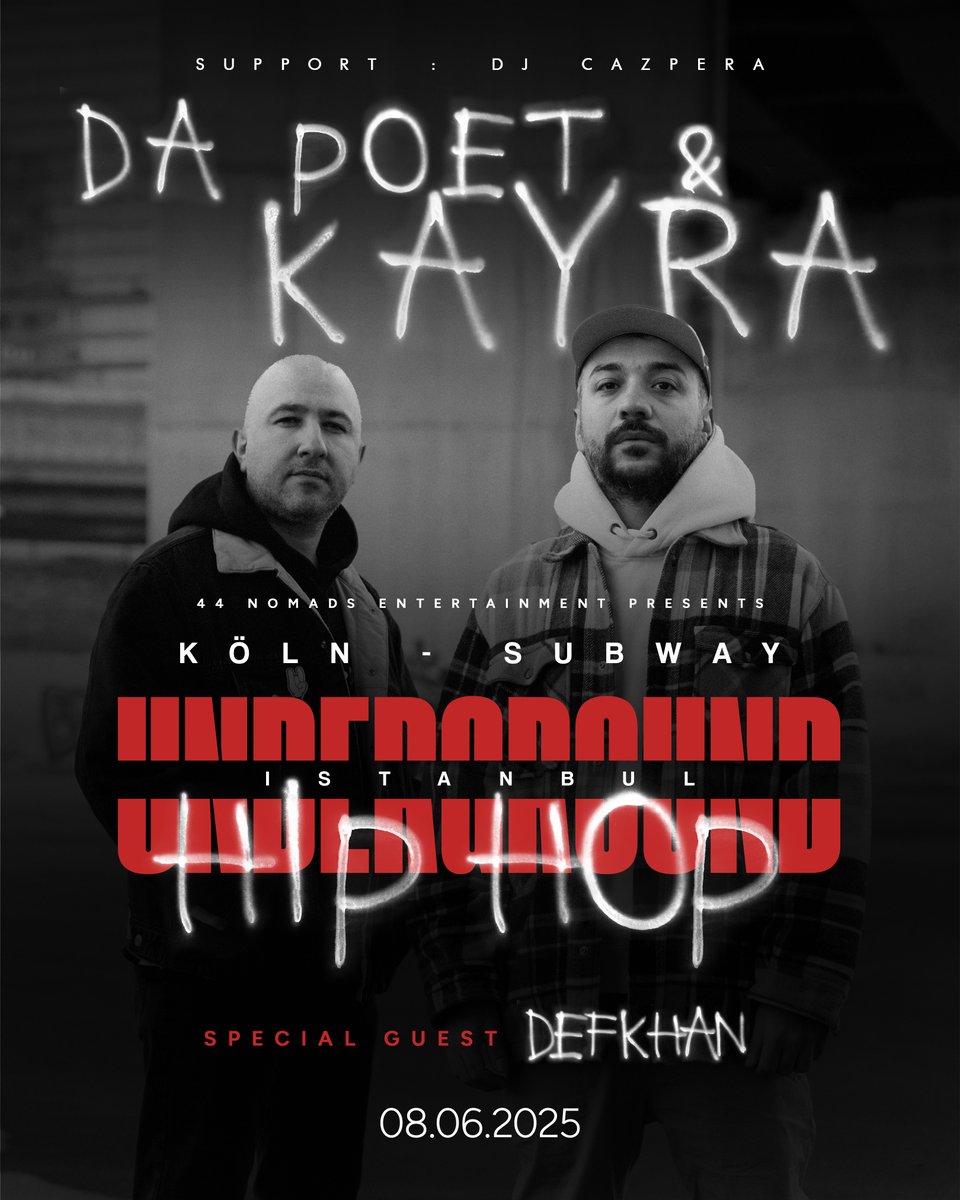 Bu hafta sonu ilk kez Almanya'da sahne alacağız. Bu heyecanı bizimle birlikte paylaşmak isteyen herkesi bekliyoruz. Görüşmek dileğiyle. Biletler için: superjoi.com/kayra

7 Haziran 2025 - Berlin Reset Club
8 Haziran 2025 - Köln Subway