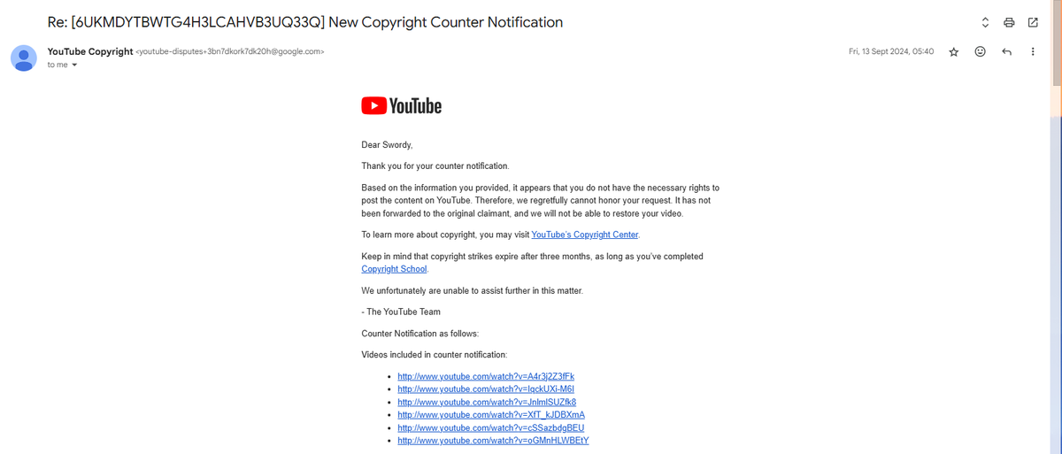 Swordy25's tweet photo. YouTube's copyright system is deeply broken

Firstly YouTube has a LEGAL obligation to forward counter notifications that meet the legal requirements under 17 U.S.C. § 512(g). When YouTube doesn't do this creators lose the ability to reclaim falsely removed content. Which is what has happened in my case.

YouTube frequently states that "We're not able to verify licensing agreements or evaluate claims of fair use or fair dealing." but they're still more than happy to reject counter notifications as "Based on the information you provided, it appears that you do not have the necessary rights to post the content on YouTube." despite these cases arguing fair use.

Everything they do is contradictory but they're able to get away with it as they know small creators have very little recourse against them.

Why do they do this? We can only speculate, as to not following these rules puts their "Safe Harbor" protection into question. Which is what prevents them getting sued for copyrighted content being uploaded to their platform.

Personally I think YouTube gives preferential treatment to larger entities in the dispute process as they fear larger corporations over the small individuals.

The legal text "17 U.S.C. § 512" can be found here: https://t.co/s32jbqIG3Q

@YouTube @YouTubeCreators 
#YouTube #DMCA #FairUse