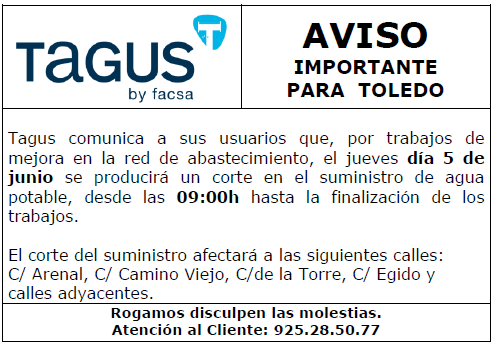 FACSA. Ciclo Integral del Agua (@facsa_es) on Twitter photo ⚠️ AVISO #Toledo: mañana 05/06, a partir de las 09:00 horas, se producirá un corte en el suministro de agua potable debido a trabajos de mejora en la red. Disculpen las molestias. #Tagus
<a href="/ToledoAyto/">Ayuntamiento de Toledo</a> ⚠️ AVISO #Toledo: mañana 05/06, a partir de las 09:00 horas, se producirá un corte en el suministro de agua potable debido a trabajos de mejora en la red. Disculpen las molestias. #Tagus
<a href="/ToledoAyto/">Ayuntamiento de Toledo</a>