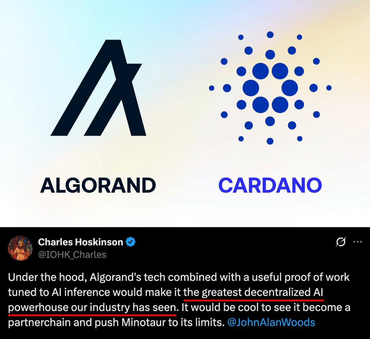 ΘΊlex | france.algo π«π· (@algerstmehn) on Twitter photo What if $ALGO + $ADA were the ultimate combo for decentralized AI, as <a href="/IOHK_Charles/">Charles Hoskinson</a> mentioned? π€
A collab between Algorand and Cardano could be a real game-changer, they're complementary and could work well together!
"Collaboration always wins over competition" - <a href="/silviomicali/">Silvio Micali</a> What if $ALGO + $ADA were the ultimate combo for decentralized AI, as <a href="/IOHK_Charles/">Charles Hoskinson</a> mentioned? π€
A collab between Algorand and Cardano could be a real game-changer, they're complementary and could work well together!
"Collaboration always wins over competition" - <a href="/silviomicali/">Silvio Micali</a>