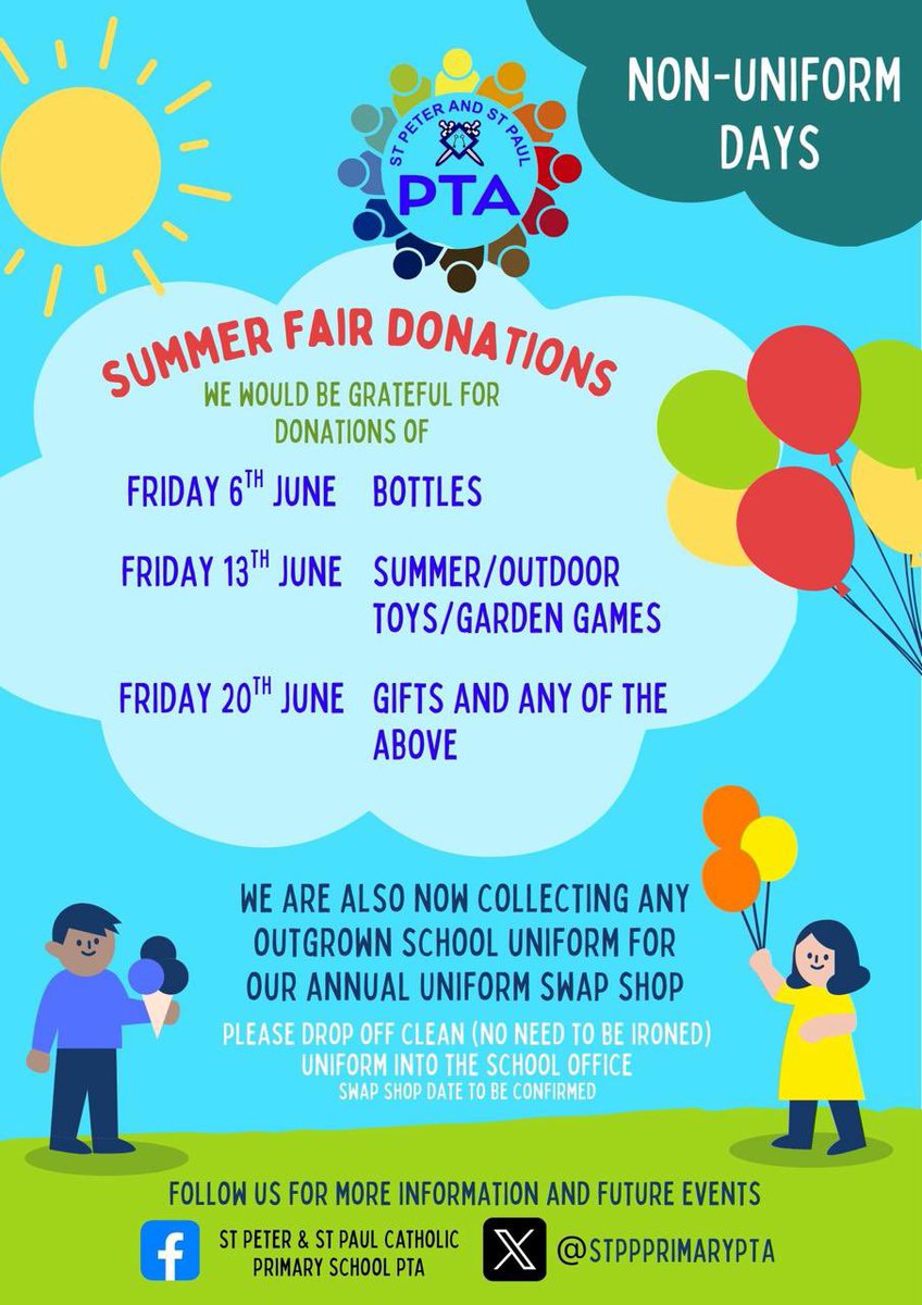 Our upcoming Non-Uniform Days!!! ☀️🎉
#summerfair2025 #summerfairready 
<a href="/StPPPrimary/">St Peter & St Paul Catholic Primary School</a> <a href="/StPPPrimaryRec/">St Peter & St Paul Primary Reception</a> <a href="/StPPPrimaryY1/">St Peter & St Paul Primary Year 1</a> <a href="/StPPPrimaryY2/">St Peter & St Paul Primary Year 2</a> <a href="/StPPPrimaryY3/">St Peter & St Paul Primary Year 3</a> <a href="/StPPPrimaryY4/">St Peter & St Paul Primary Year 4</a> <a href="/StPPPrimaryY5/">St Peter & St Paul Primary Year 5</a> <a href="/StPPPrimaryY6/">St Peter & St Paul Primary Year 6</a>