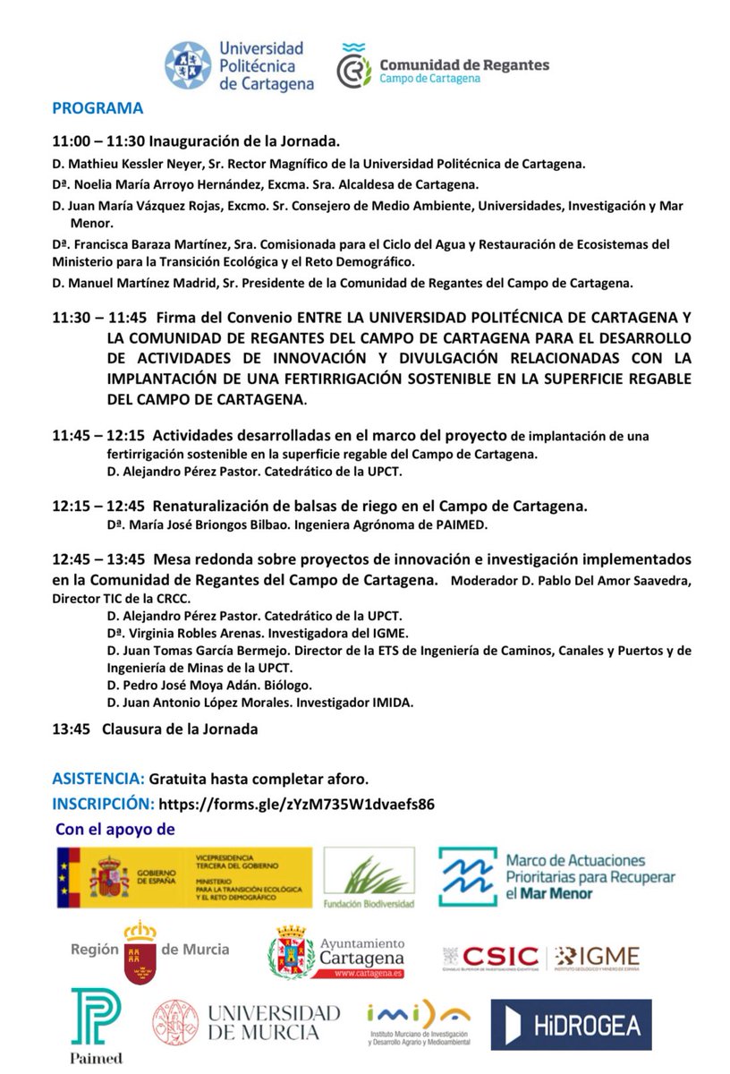 Oficina Técnica del Mar Menor (@oficinamarmenor) on Twitter photo La comisionada del Ciclo del Agua y Restauración de Ecosistemas del <a href="/mitecogob/">Transición Ecológica y Reto Demográfico</a>, <a href="/paca_baraza/">Paca Baraza</a>, participa en la apertura de la Jornada “Investigación e innovación. Estrategias para un Regadío Sostenible”, organizada por @upctoficial y <a href="/crccar/">C.R. Campo Cartagena</a>. La comisionada del Ciclo del Agua y Restauración de Ecosistemas del <a href="/mitecogob/">Transición Ecológica y Reto Demográfico</a>, <a href="/paca_baraza/">Paca Baraza</a>, participa en la apertura de la Jornada “Investigación e innovación. Estrategias para un Regadío Sostenible”, organizada por @upctoficial y <a href="/crccar/">C.R. Campo Cartagena</a>.