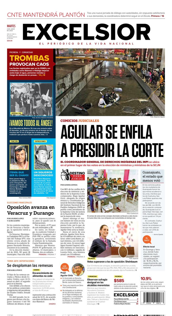 Excelsior's tweet photo. 🗞Te compartimos la portada del 03 de junio en #Excélsior
-Aguilar se enfila a presidir la Corte
-Oposición avanza en Veracruz y Durango.
-Trombas provocan caos.
👉https://t.co/J58cCFUMU0 https://t.co/tXm6EXnEOZ